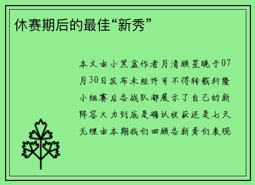 休赛期后的最佳“新秀”