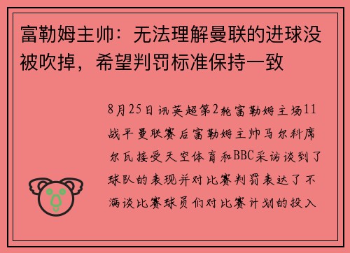 富勒姆主帅：无法理解曼联的进球没被吹掉，希望判罚标准保持一致